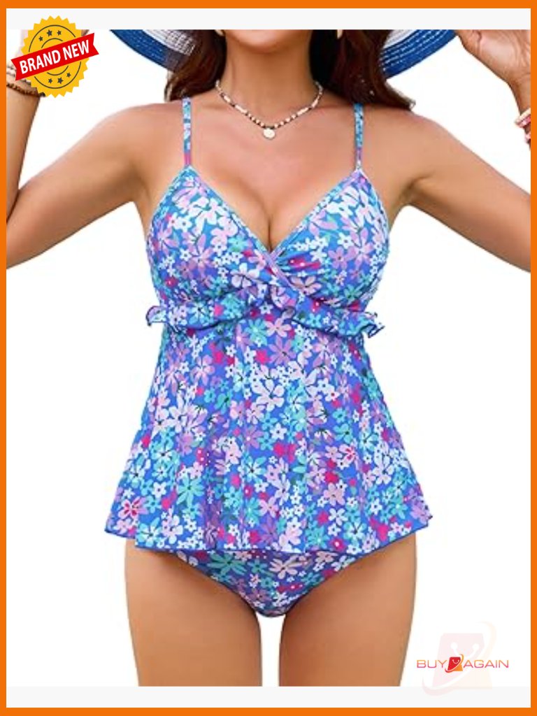 Tummy Control Tankini Two Piece Bathing Suit Flowy Top High Waisted Swimwear